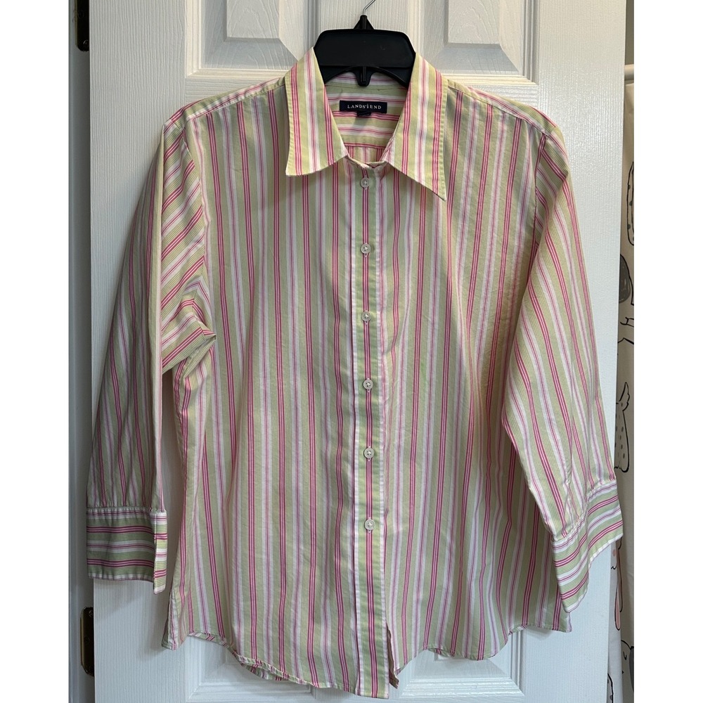 Lands End Womens 18 Pink Green Striped 3/4 Sleeve Button Down Shirt Cotton Blend